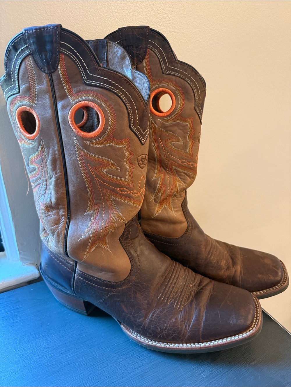 Ariat Brown Leather Western Boots with Tan Shafts & Orange Stitching